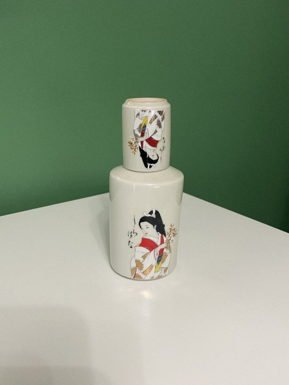 Rare: Vintage Japanese Porcelain Gold-Gilded “Miko” Sake Bottle and Cup Set